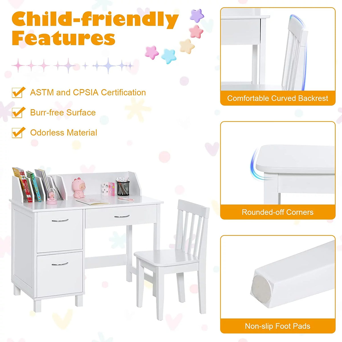 Kids Wooden Desk and Chair Set with Drawer & Storage Cabinets T7432