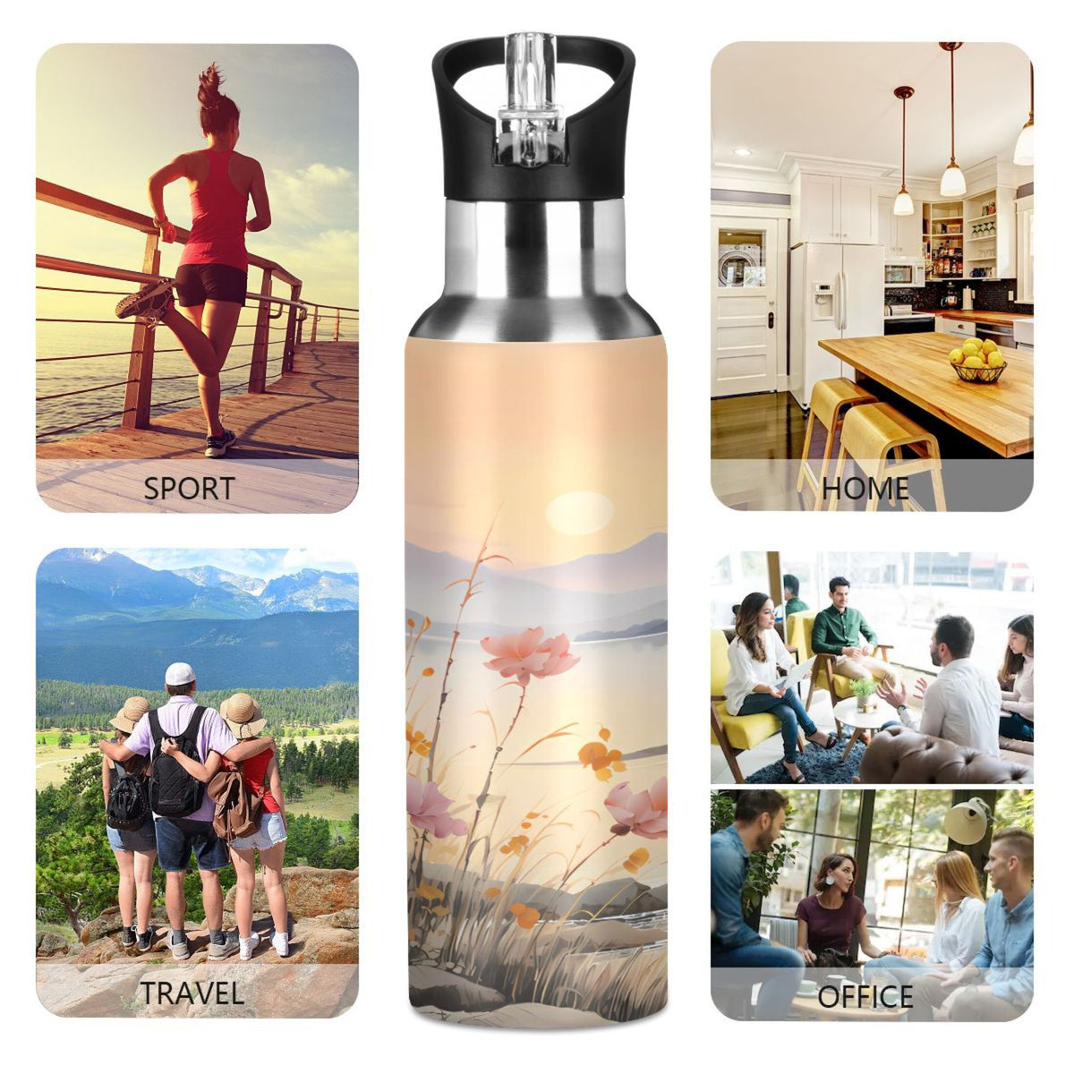 Stainless Steel Insulated Thermos Vacuum Flask Water Bottle with Straw Lid M39354