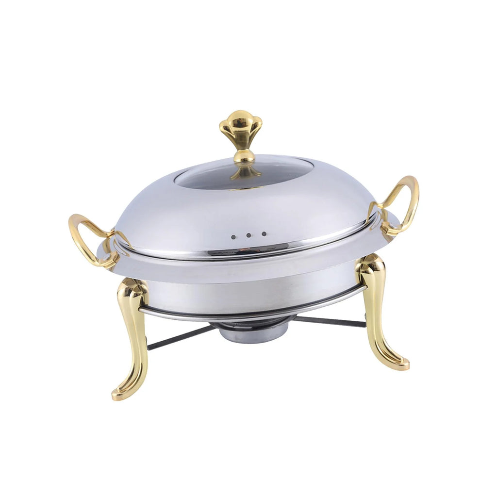 Stainless Steel Round Food Warmer with Glass Viewing Lid and Fuel Holder V5726