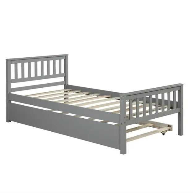 White Solid Pine Wood Twin Platform Bed with Trundle and Headboard Y5496
