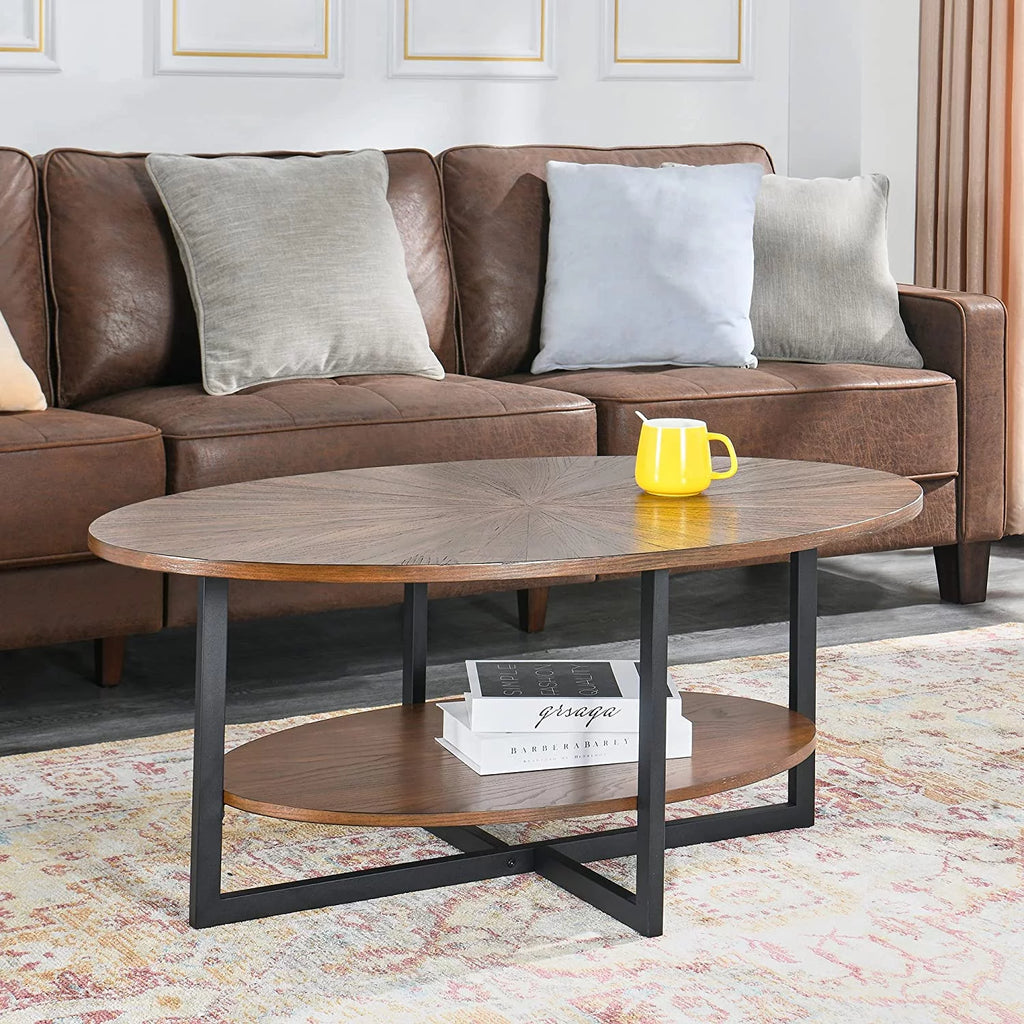 Wood Oval 2-Tier Coffee Table with Metal Legs D4423