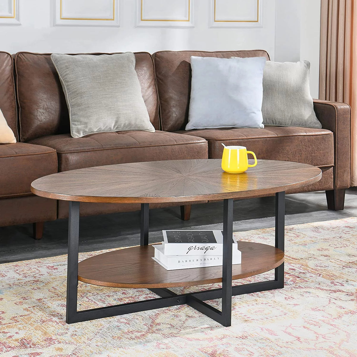 Wood Oval 2-Tier Coffee Table with Metal Legs D4423