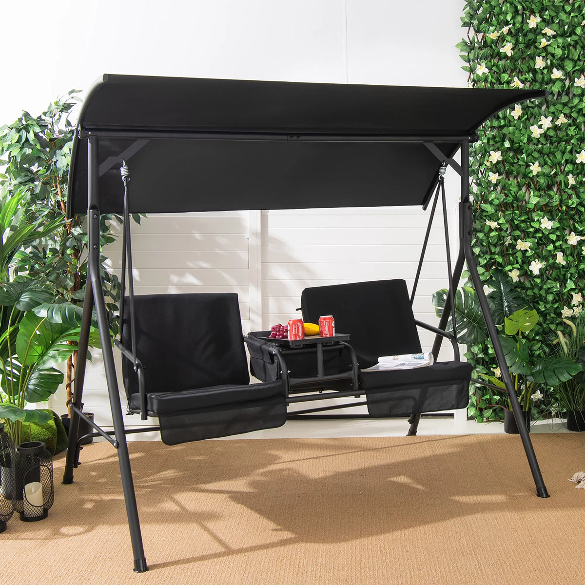 2-Person Canopy Porch Swing Padded Chair with Cooler Bag G6046