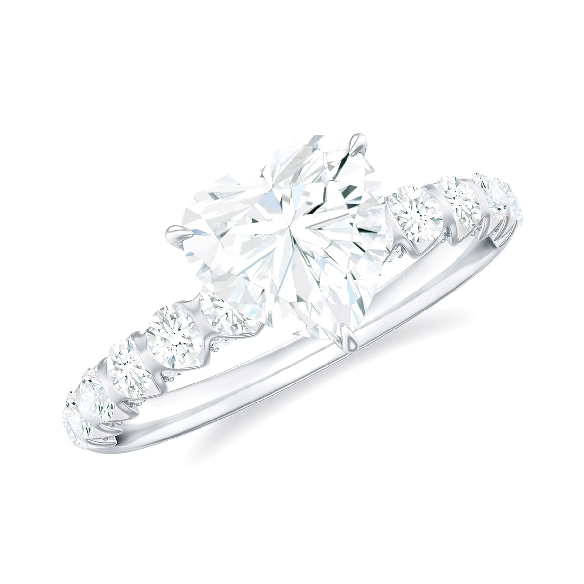 Heart Shape Moissanite Solitaire Engagement Ring with Side Stones, 925 Sterling Silver S11983