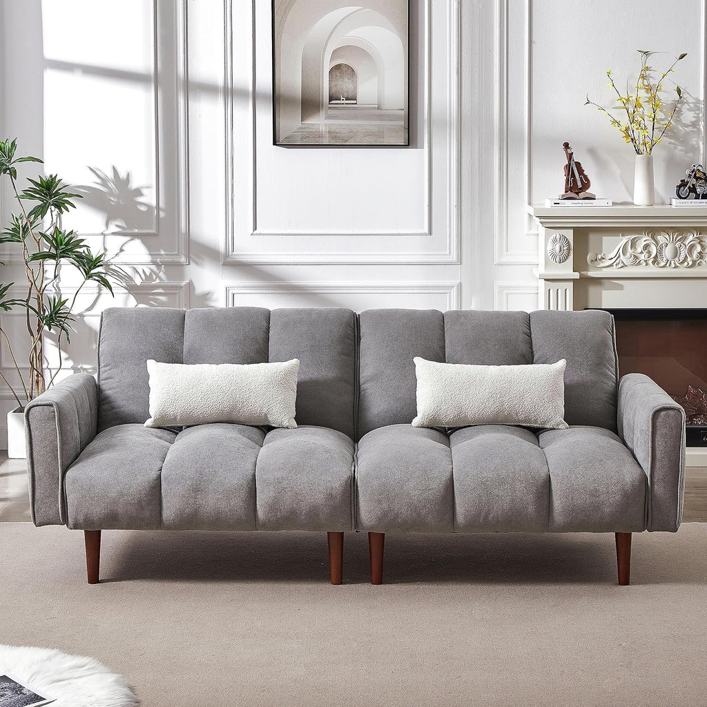 Grey Fabric Upholstered Futon Sofa Bed with Wooden Legs and 2 Pillows K554893