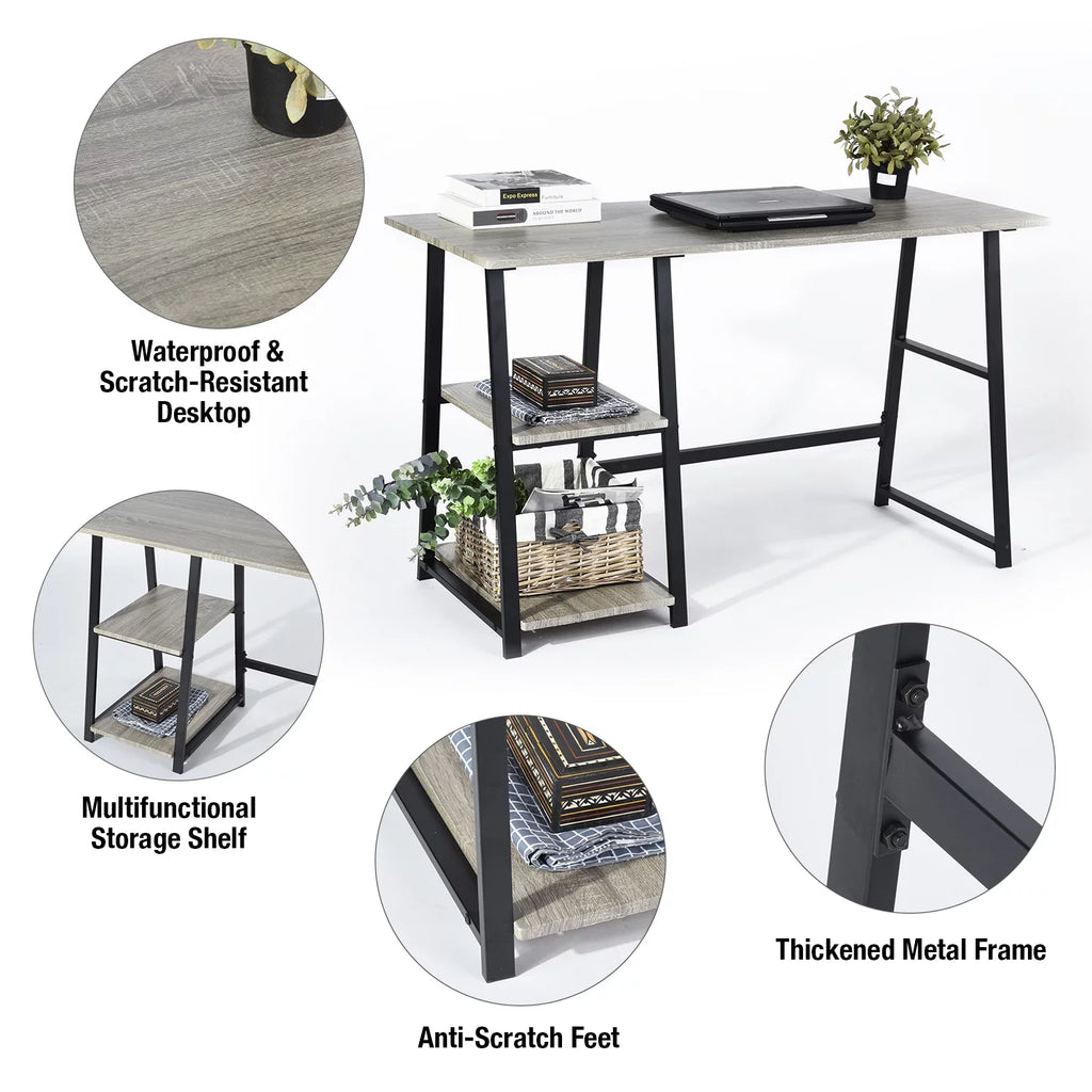 47'' Dark Grey Computer Writing Desk with 2-Tier Storage Shelves O52084
