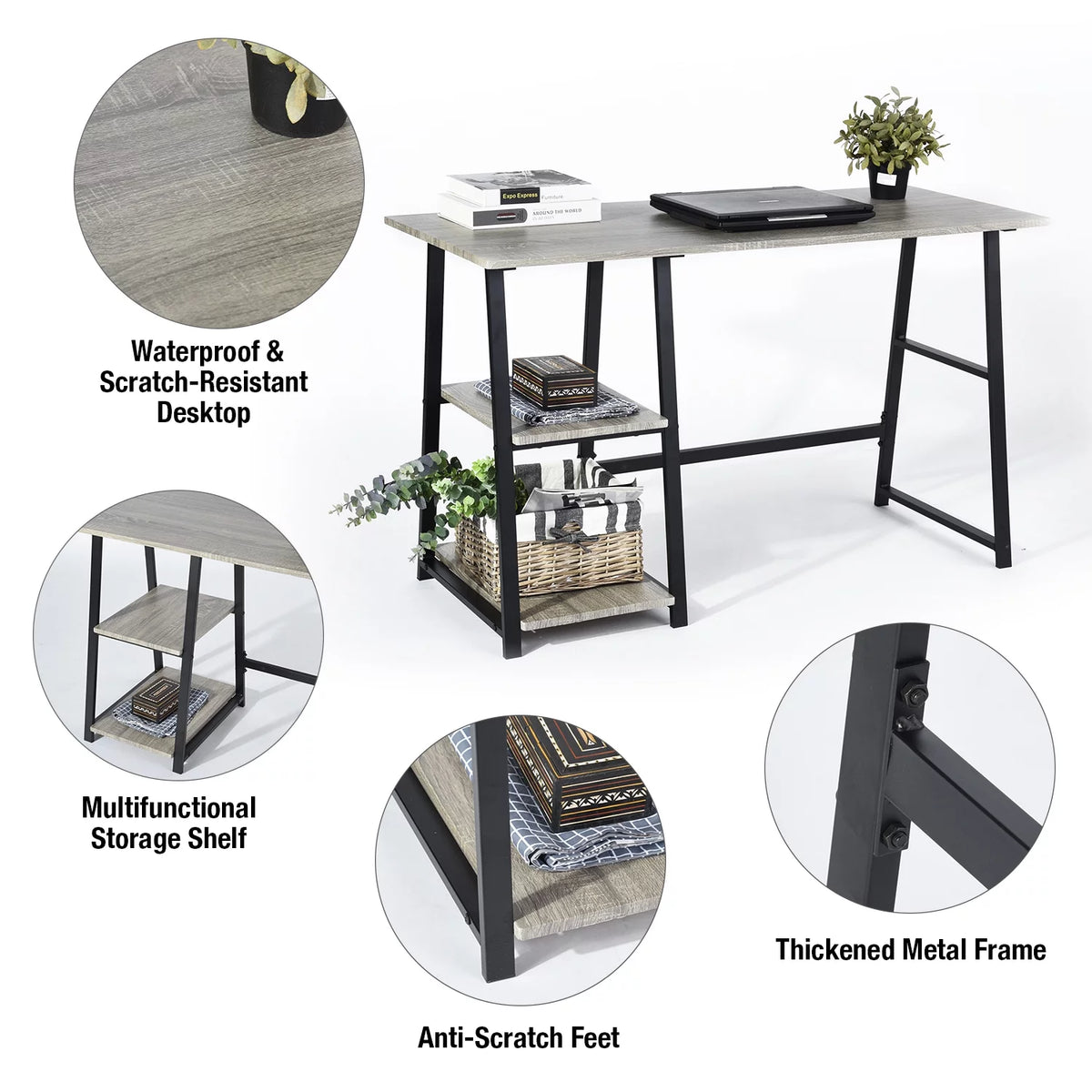 47'' Dark Grey Computer Writing Desk with 2-Tier Storage Shelves O52084