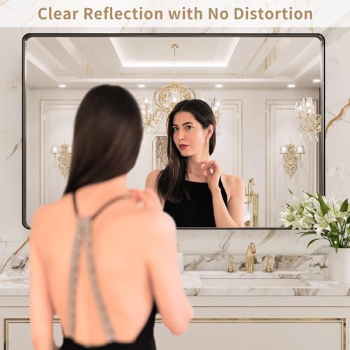Black Metal Framed 22X30 Inch Rounded Rectangle Bathroom Mirror T1226
