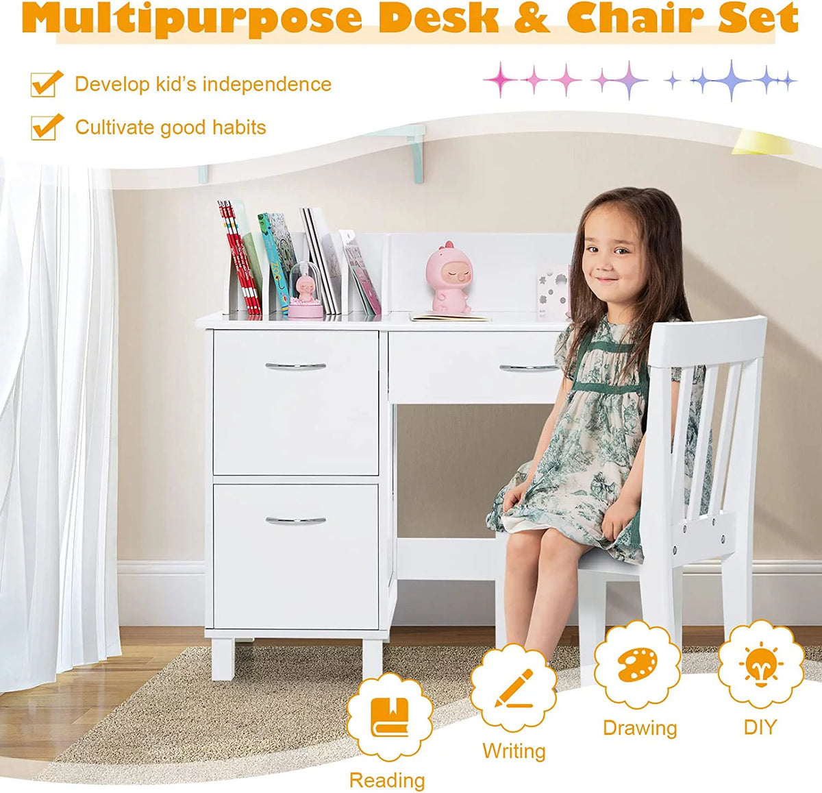 Kids Wooden Desk and Chair Set with Drawer & Storage Cabinets T7432