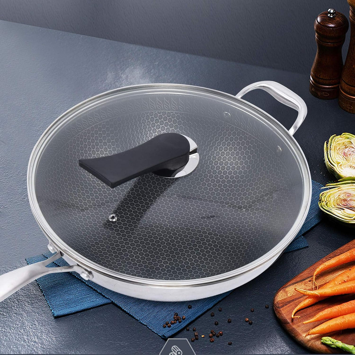 Stainless Steel Non Stick Honeycomb Frying Pan with Glass Lid X26649