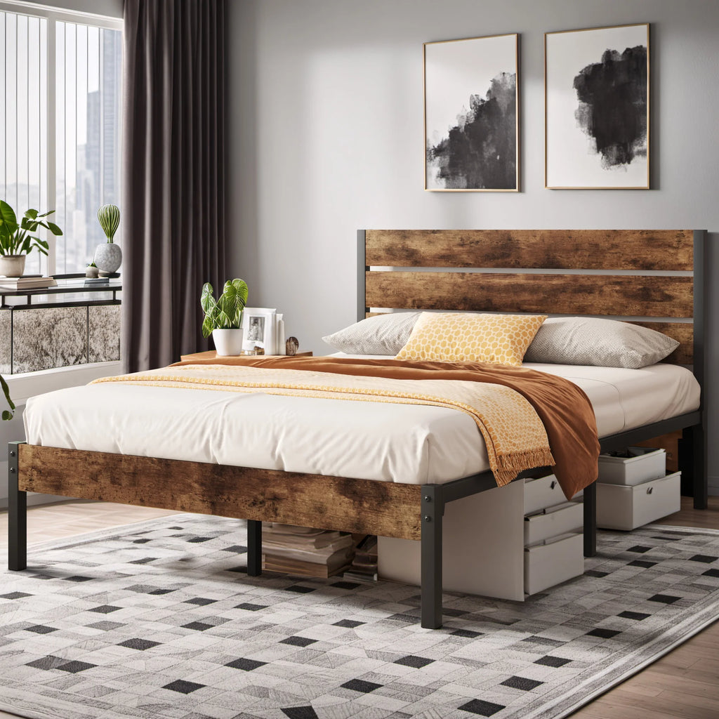 Queen Bed Frame with Wood Headboard and Footboard Y629