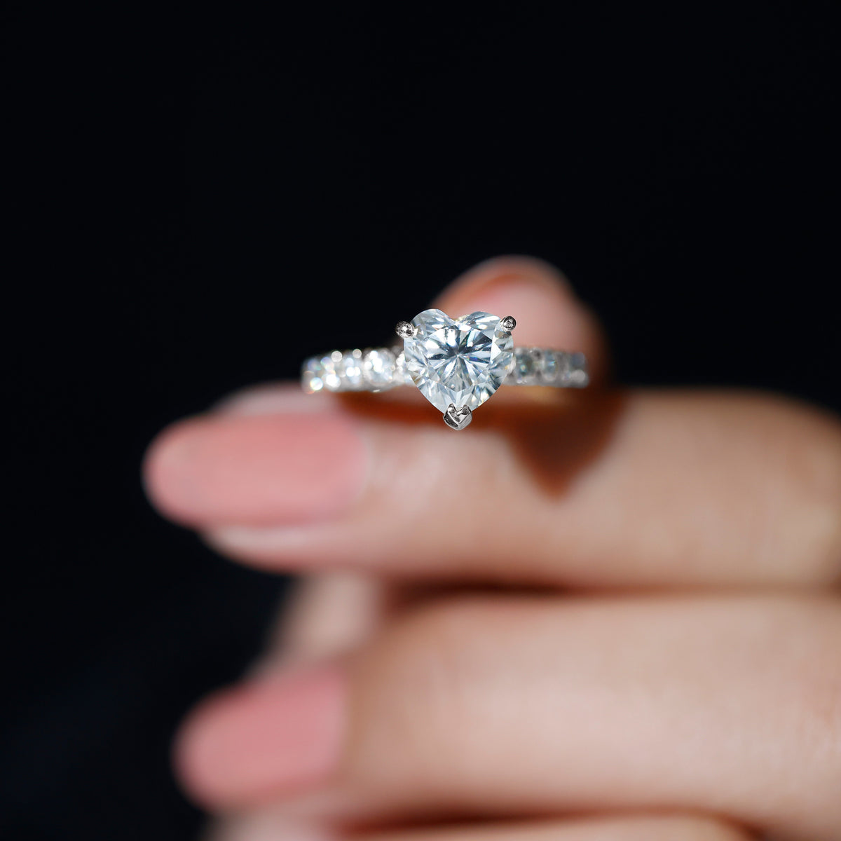 Heart Shape Moissanite Solitaire Engagement Ring with Side Stones, 925 Sterling Silver S11983
