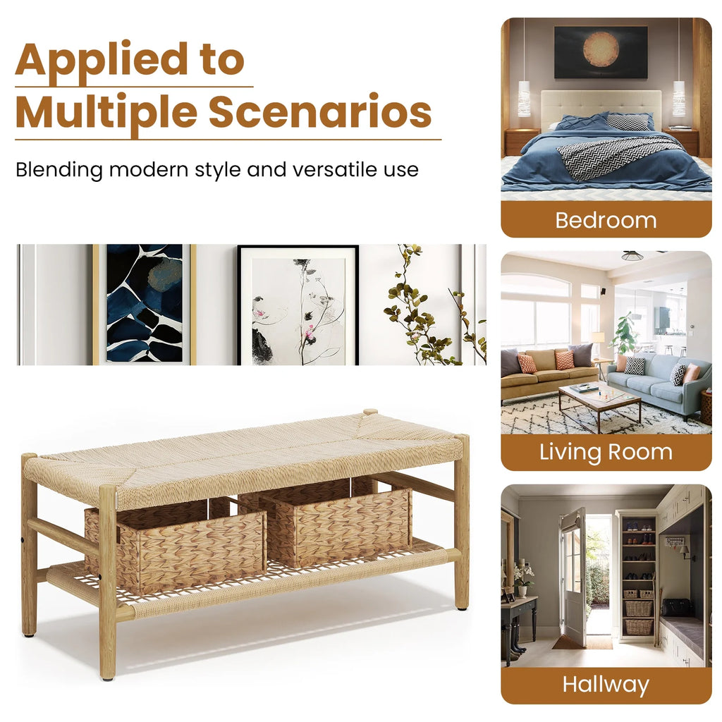 39 inch Rattan Storage Bench with 2 Baskets I701