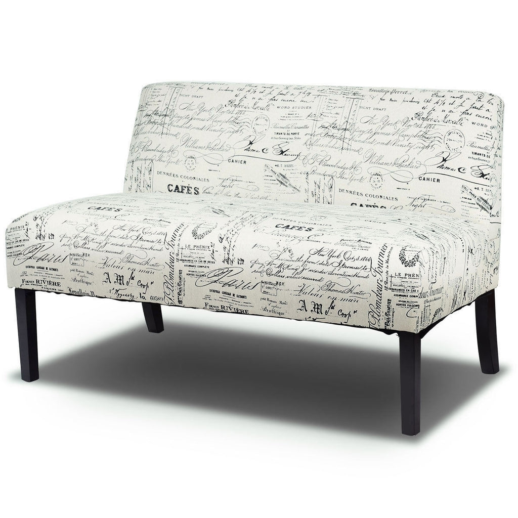 Off-White Cursive Pattern Loveseat Sofa with Black Wood Legs K5100