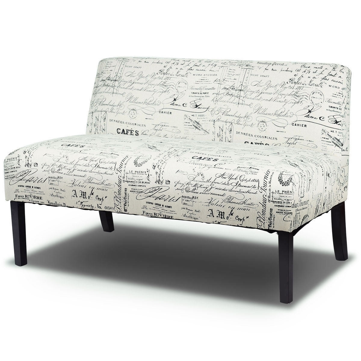 Off-White Cursive Pattern Loveseat Sofa with Black Wood Legs K5100