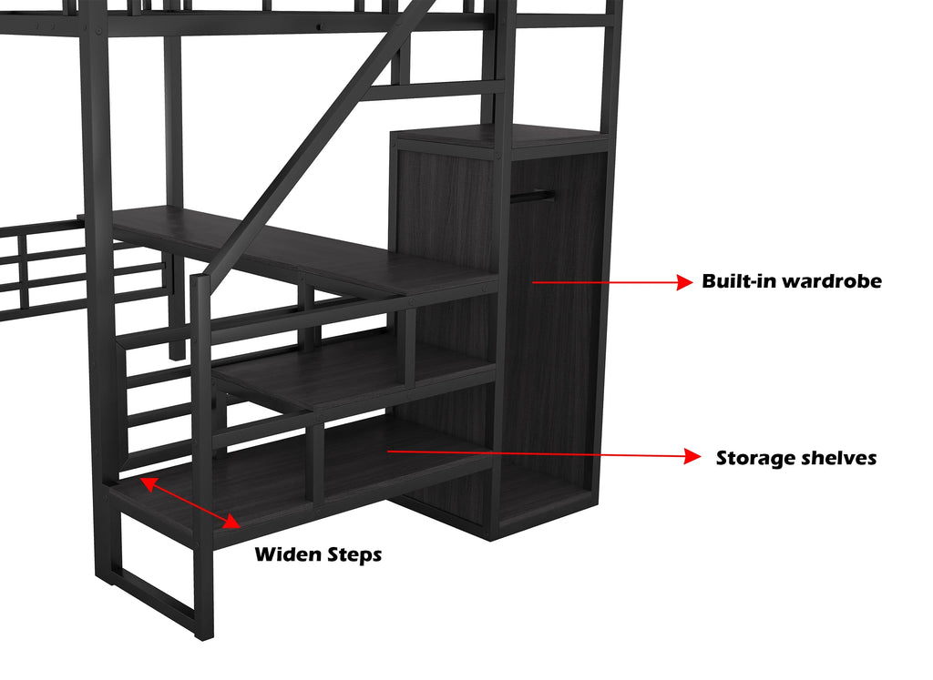 Full Size Black Metal Loft Bed with Storage Staircase and Desk B599636