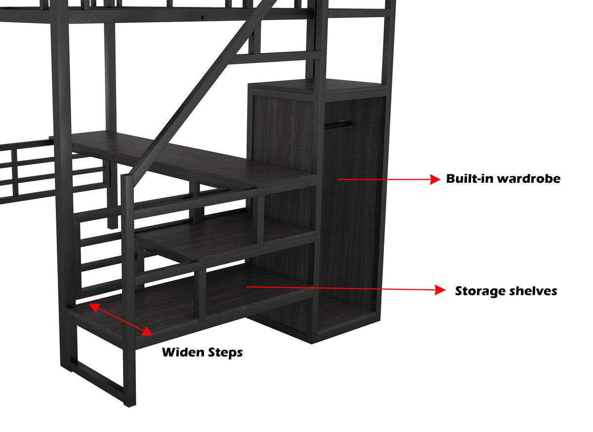 Full Size Black Metal Loft Bed with Storage Staircase and Desk B599636