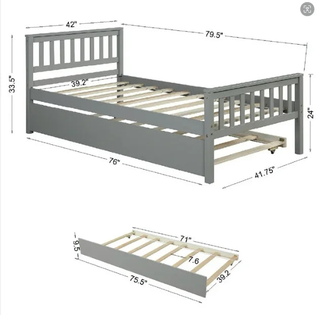 White Solid Pine Wood Twin Platform Bed with Trundle and Headboard Y5496
