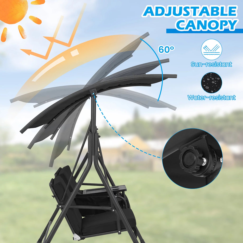 2-Person Canopy Porch Swing Padded Chair with Cooler Bag G6046