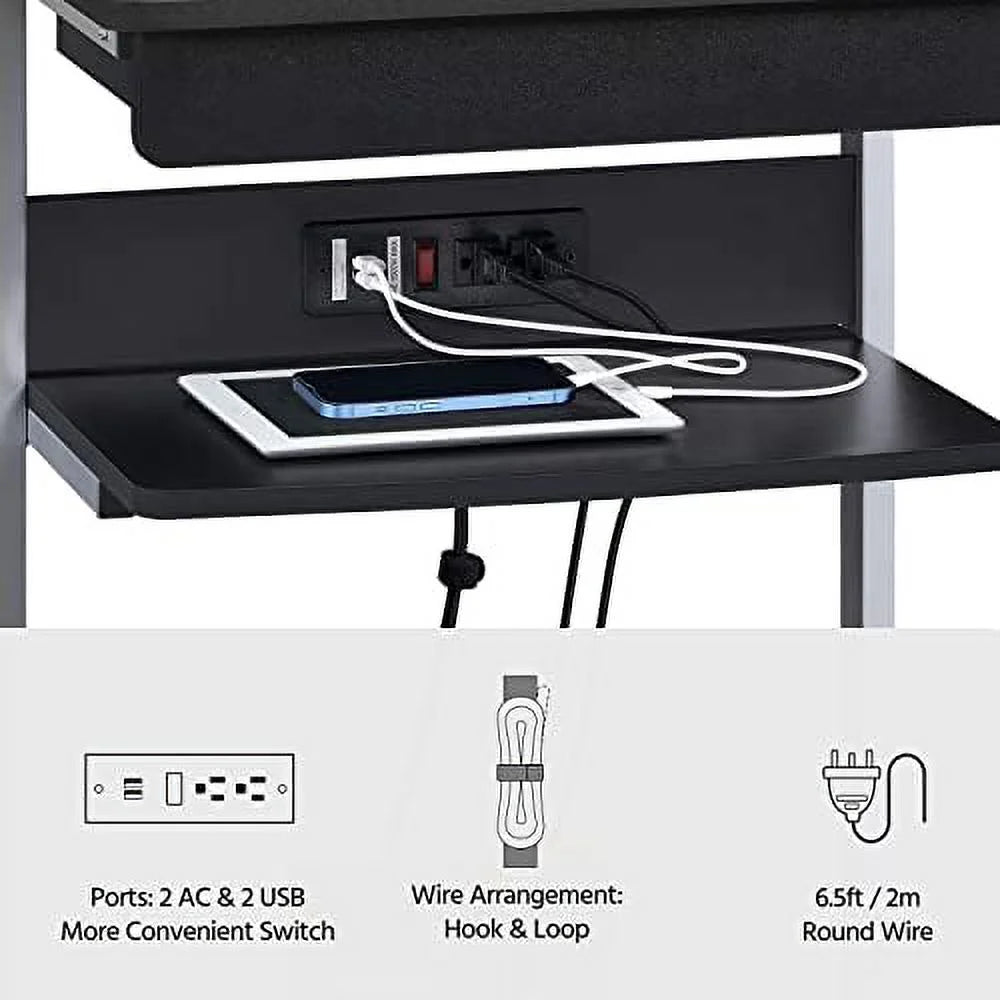 Black Mobile Laptop Desk On Wheels With Power Outlet And USB Ports K1691