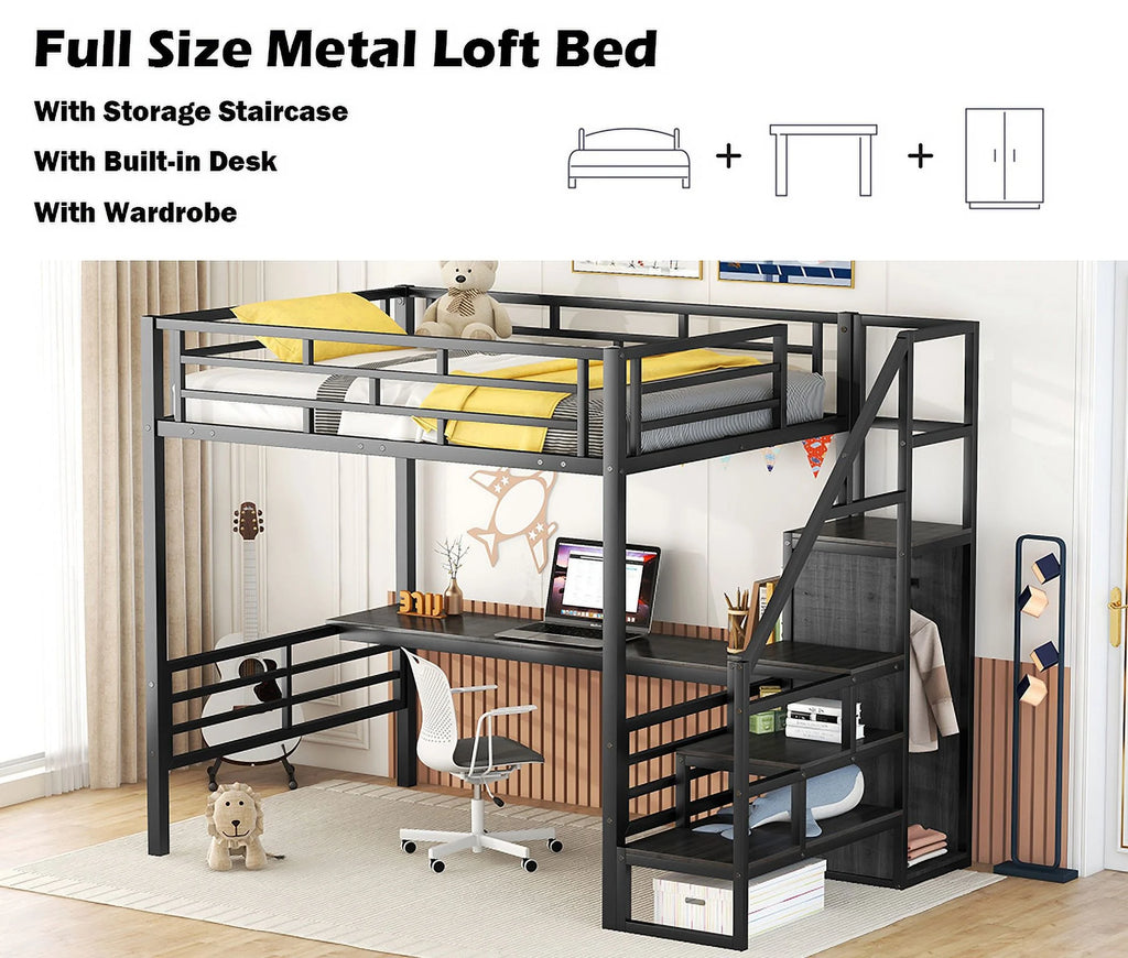 Full Size Black Metal Loft Bed with Storage Staircase and Desk B599636
