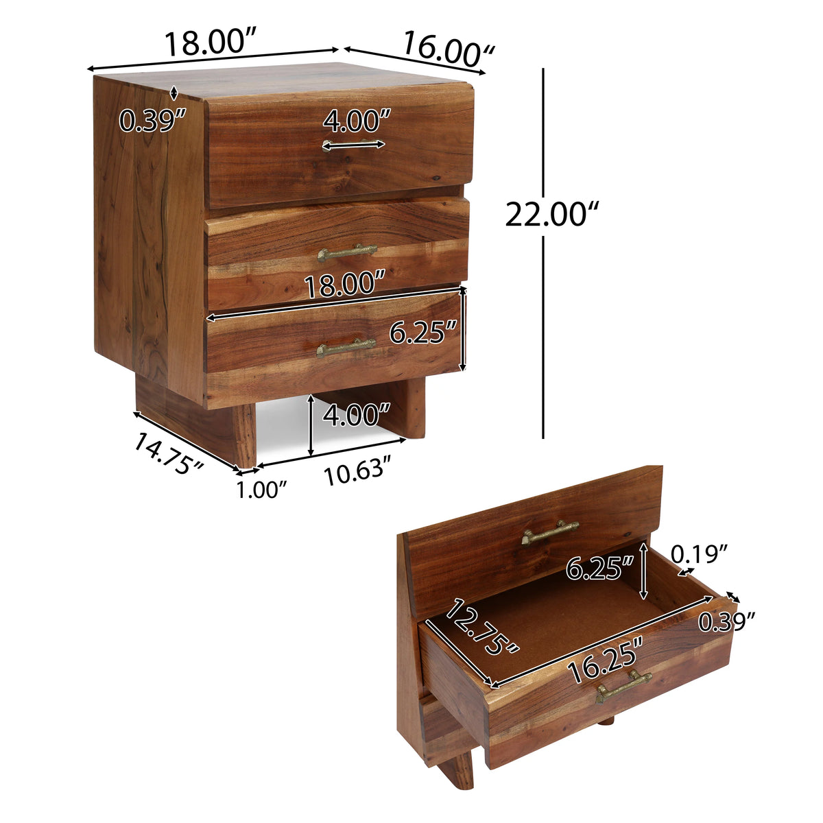 Acacia Wood 3 Drawer Nightstand T474528