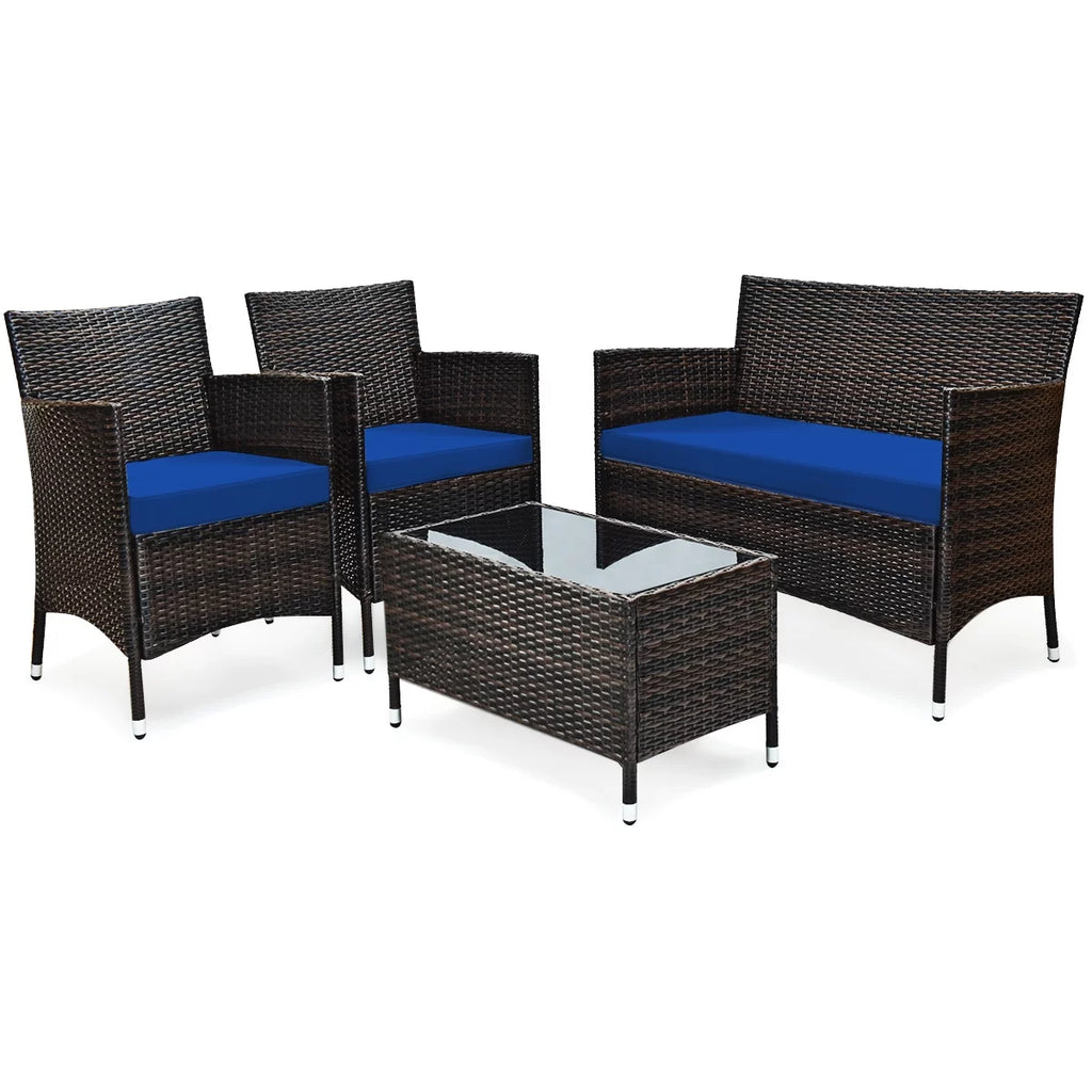 4-Piece Patio Rattan Wicker Furniture Set with Red Cushions P455774