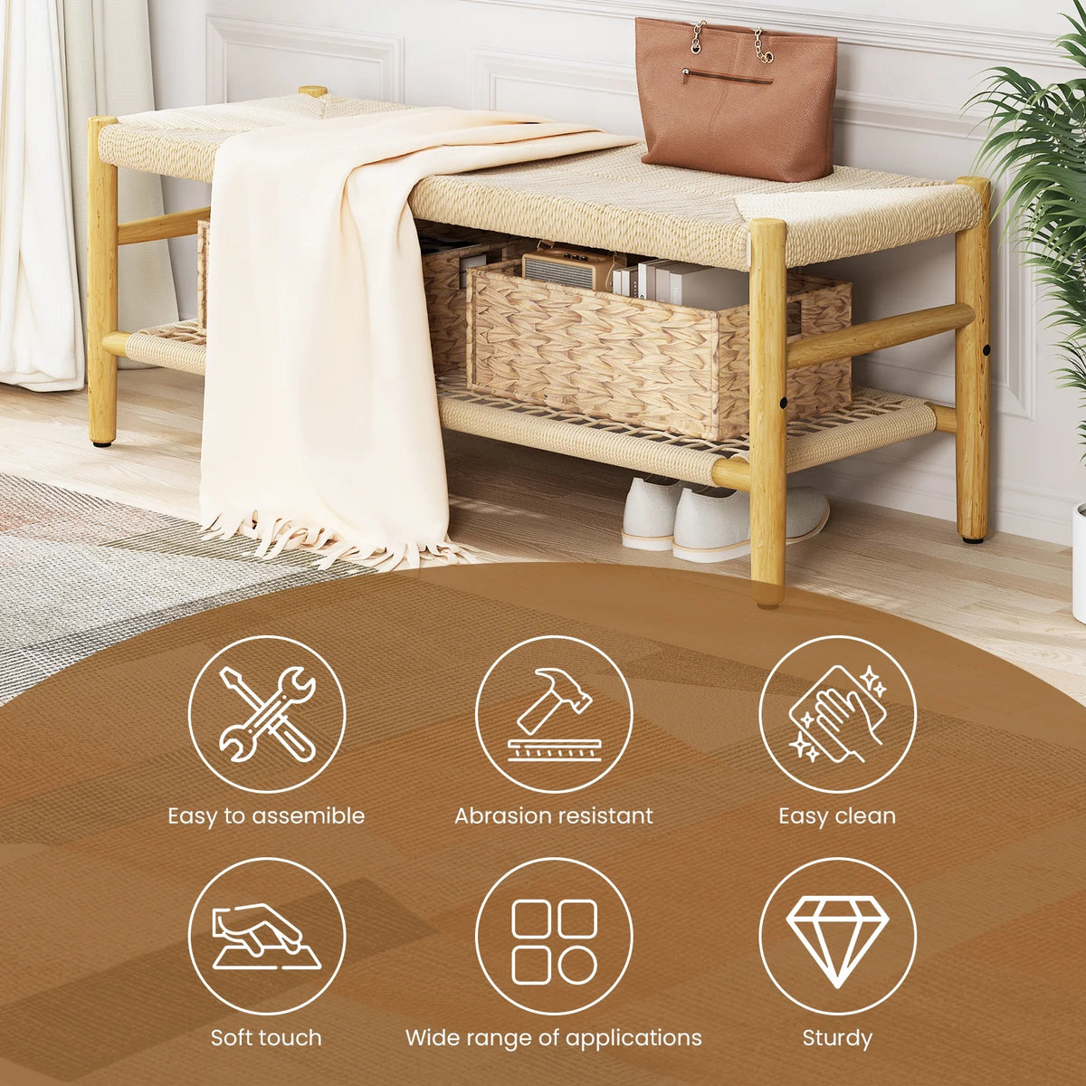 39 inch Rattan Storage Bench with 2 Baskets I701