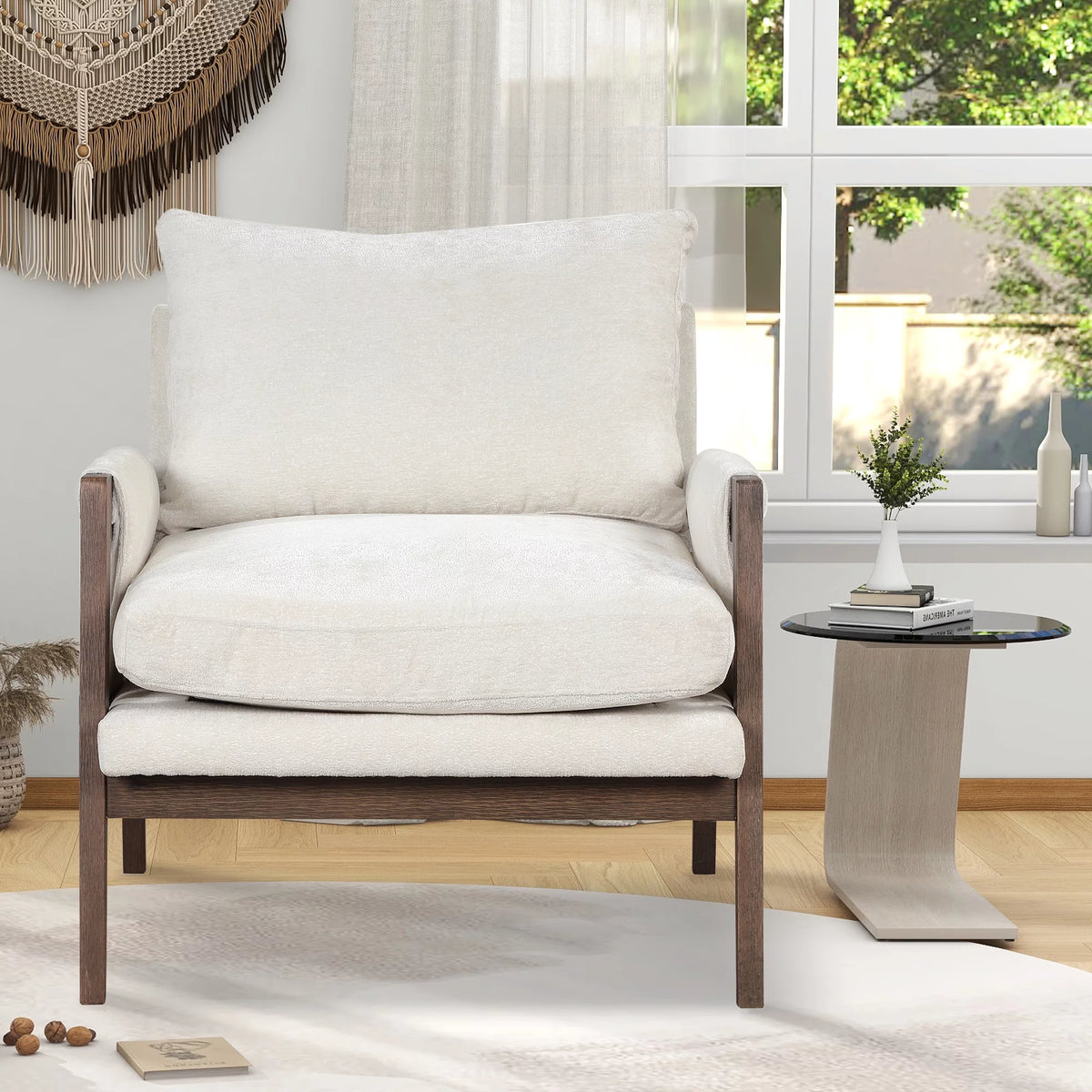 White Velvet Accent Chair with Solid Wood A72606