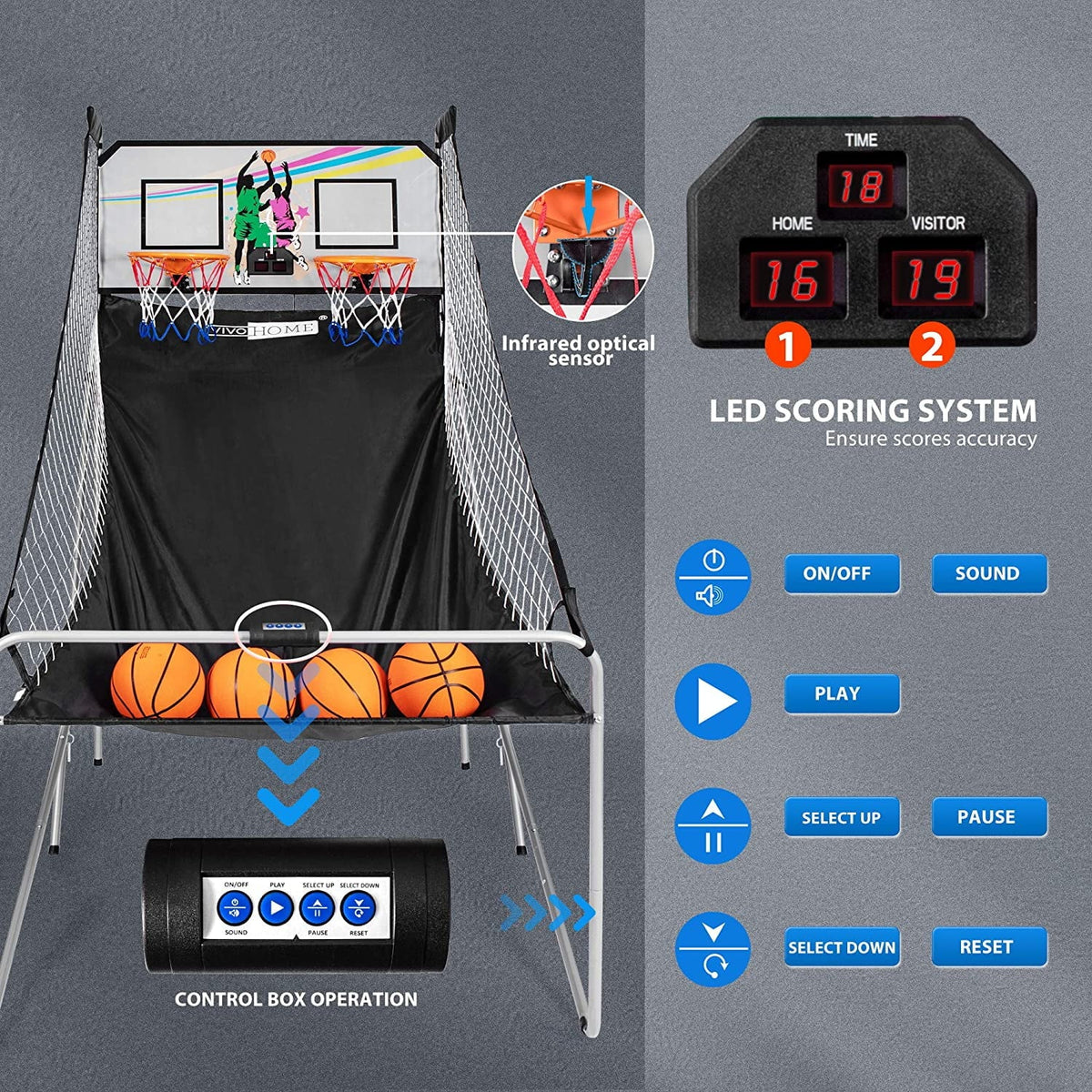 Foldable Arcade Basketball Game with 4 Balls and LED Scoring System I419084