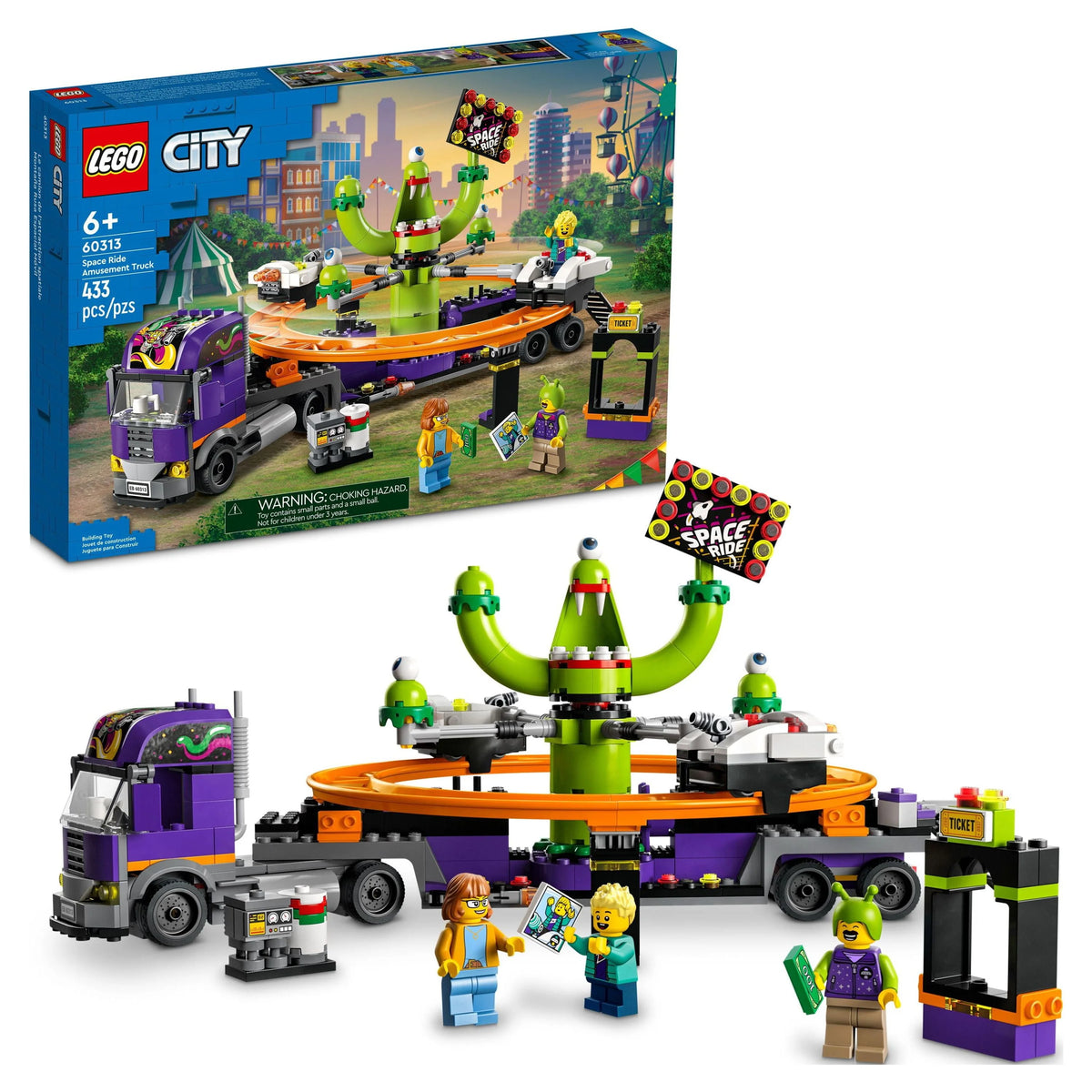 Space Ride Amusement Truck Toy with Trailer, Alien Roller Coaster and 3 Fairground Minifigures X33191