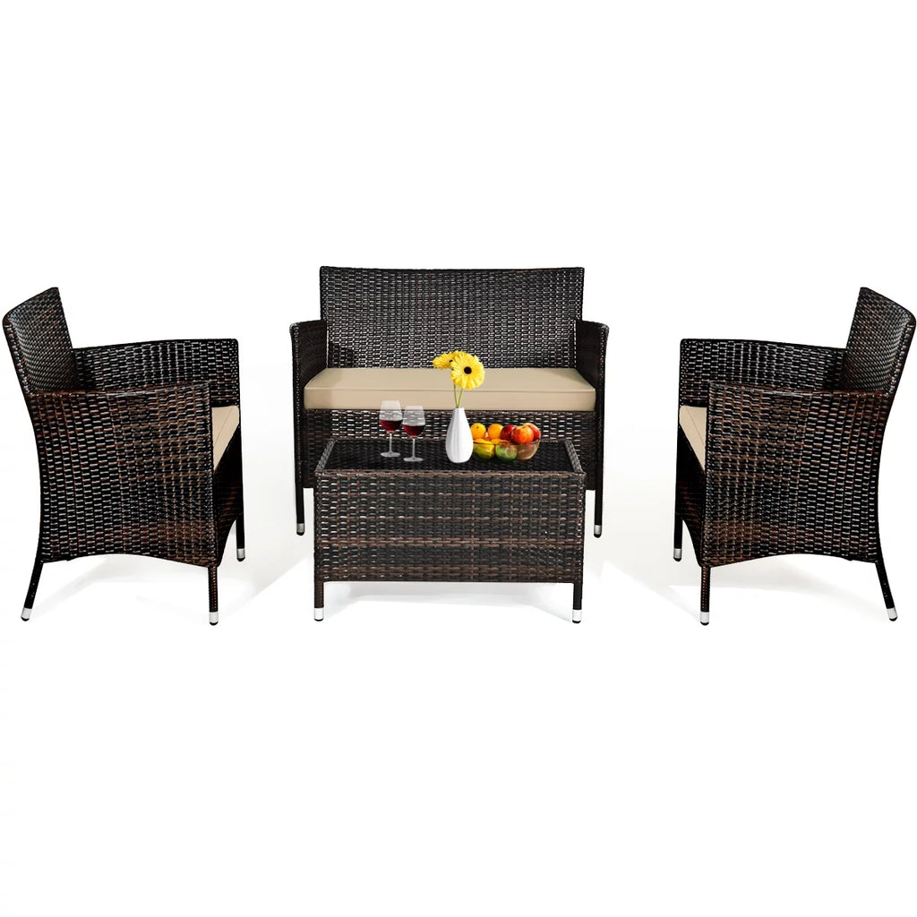 4-Piece Patio Rattan Wicker Furniture Set with Red Cushions P455774