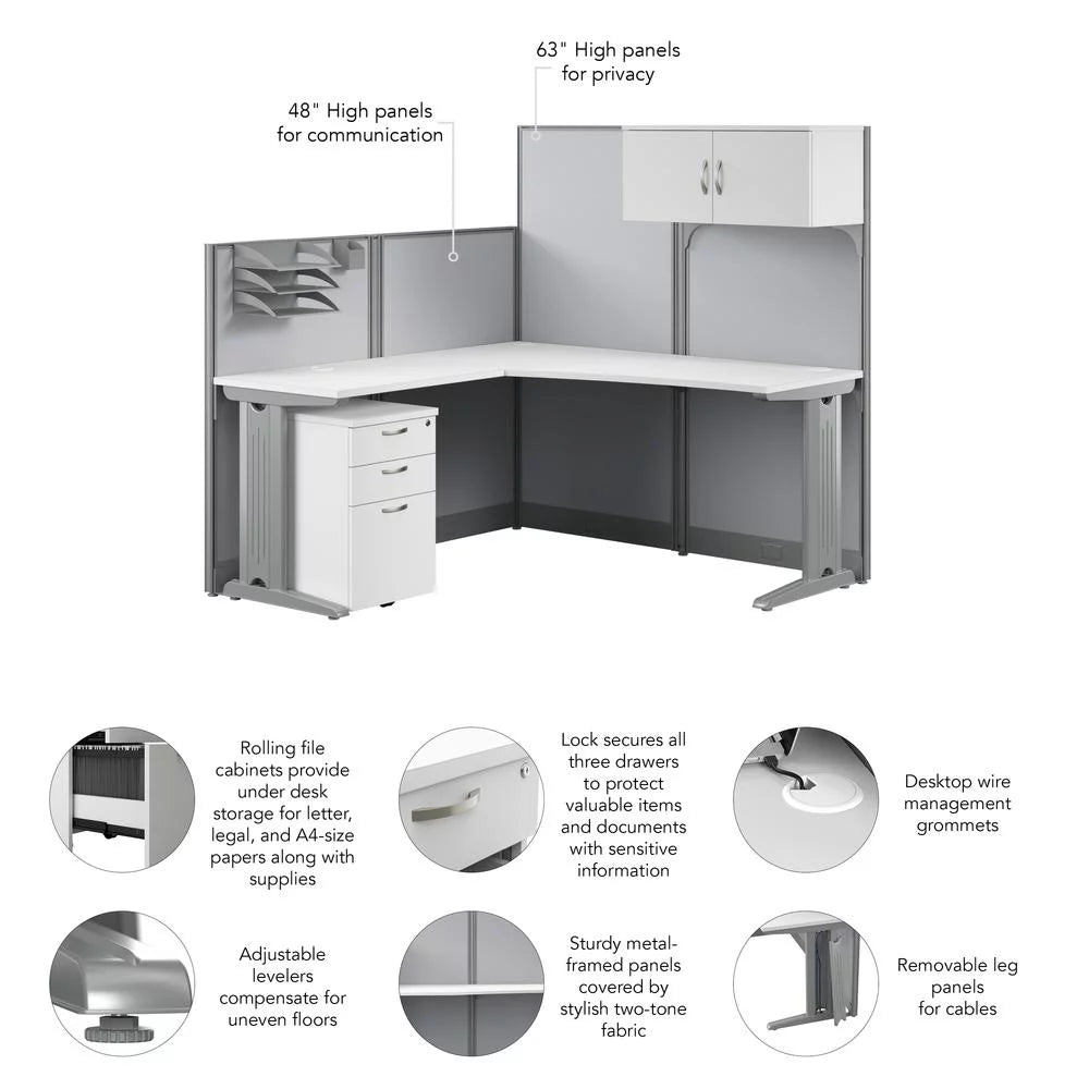 L Cubicle Desk with Storage in Pure White Engineered Wood N786149