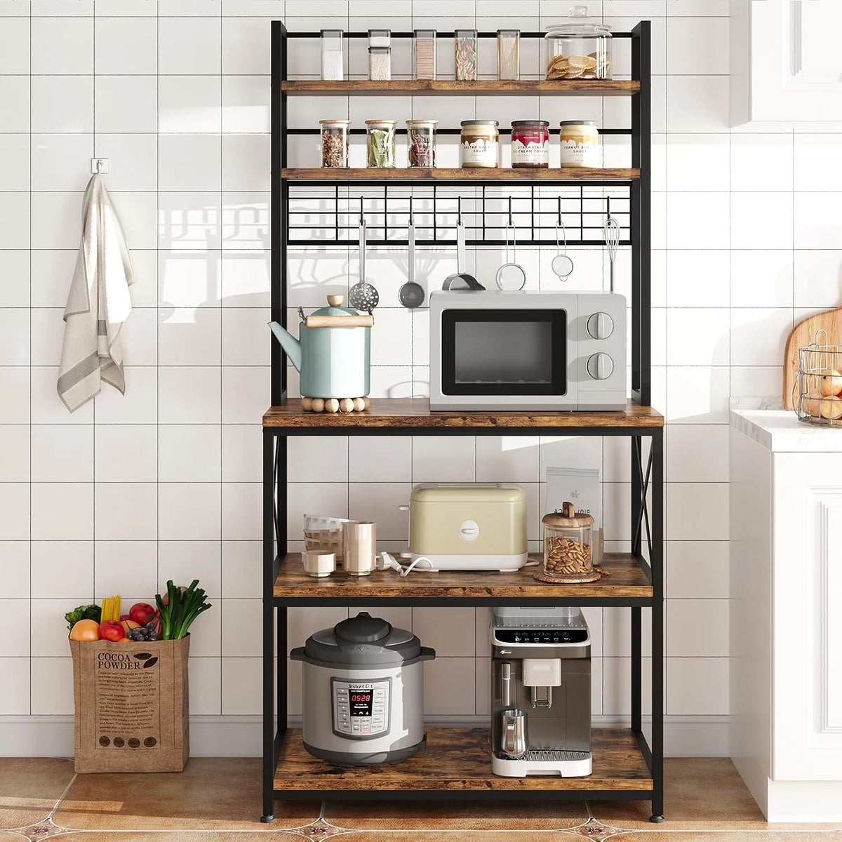 5-Tier Kitchen Utility Storage Shelf with 6 Hooks, Rustic Brown E66994