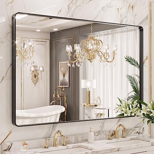 Black Metal Framed 22X30 Inch Rounded Rectangle Bathroom Mirror T1226