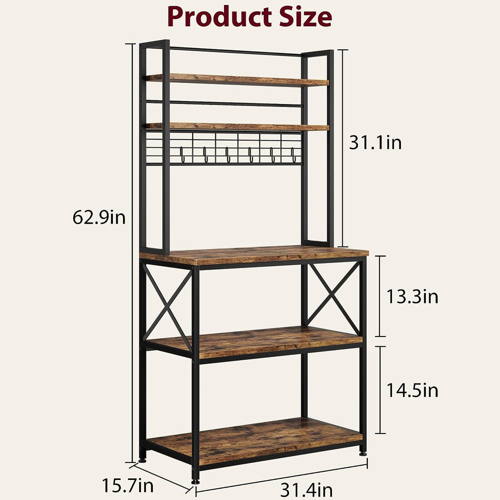 5-Tier Kitchen Utility Storage Shelf with 6 Hooks, Rustic Brown E66994