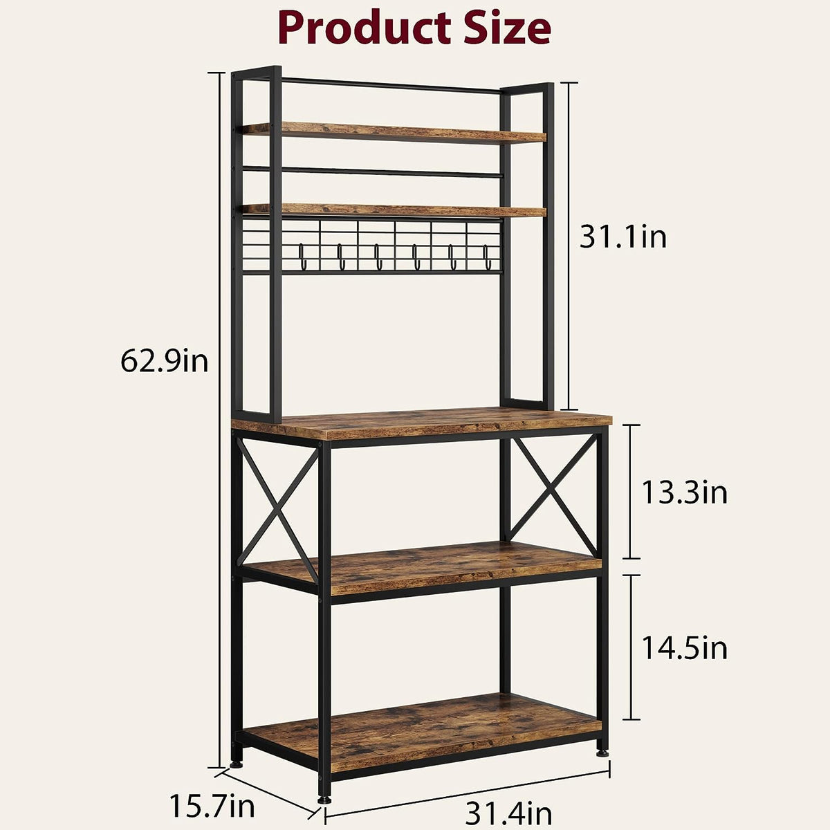 5-Tier Kitchen Utility Storage Shelf with 6 Hooks, Rustic Brown E66994