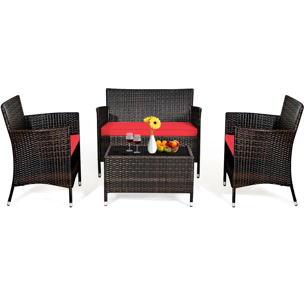 4-Piece Patio Rattan Wicker Furniture Set with Red Cushions P455774