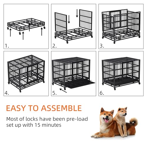 48 inch Heavy Duty Dog Crate with Lockable Wheels, Double Door, Removable Tray, Black A524