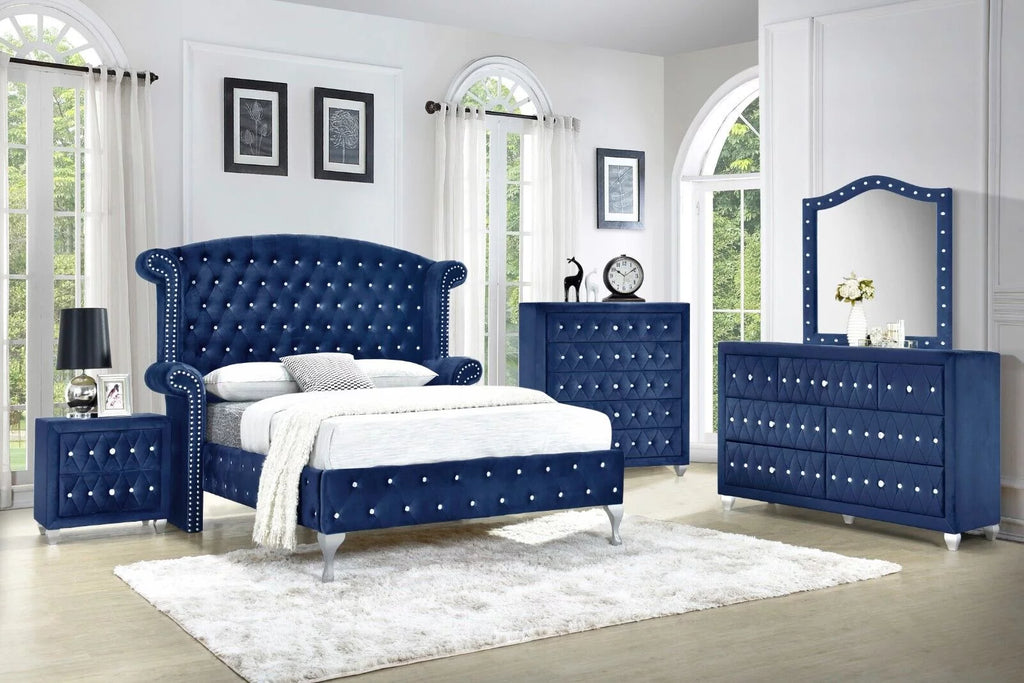 5Pc King Size Bed Dresser Mirror Nightstand Set Blue Velvet J25750