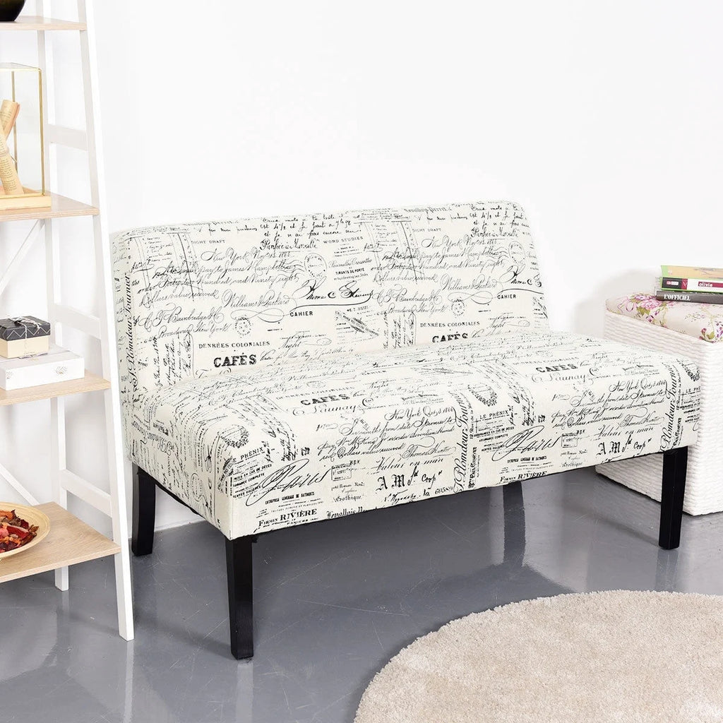 Off-White Cursive Pattern Loveseat Sofa with Black Wood Legs K5100