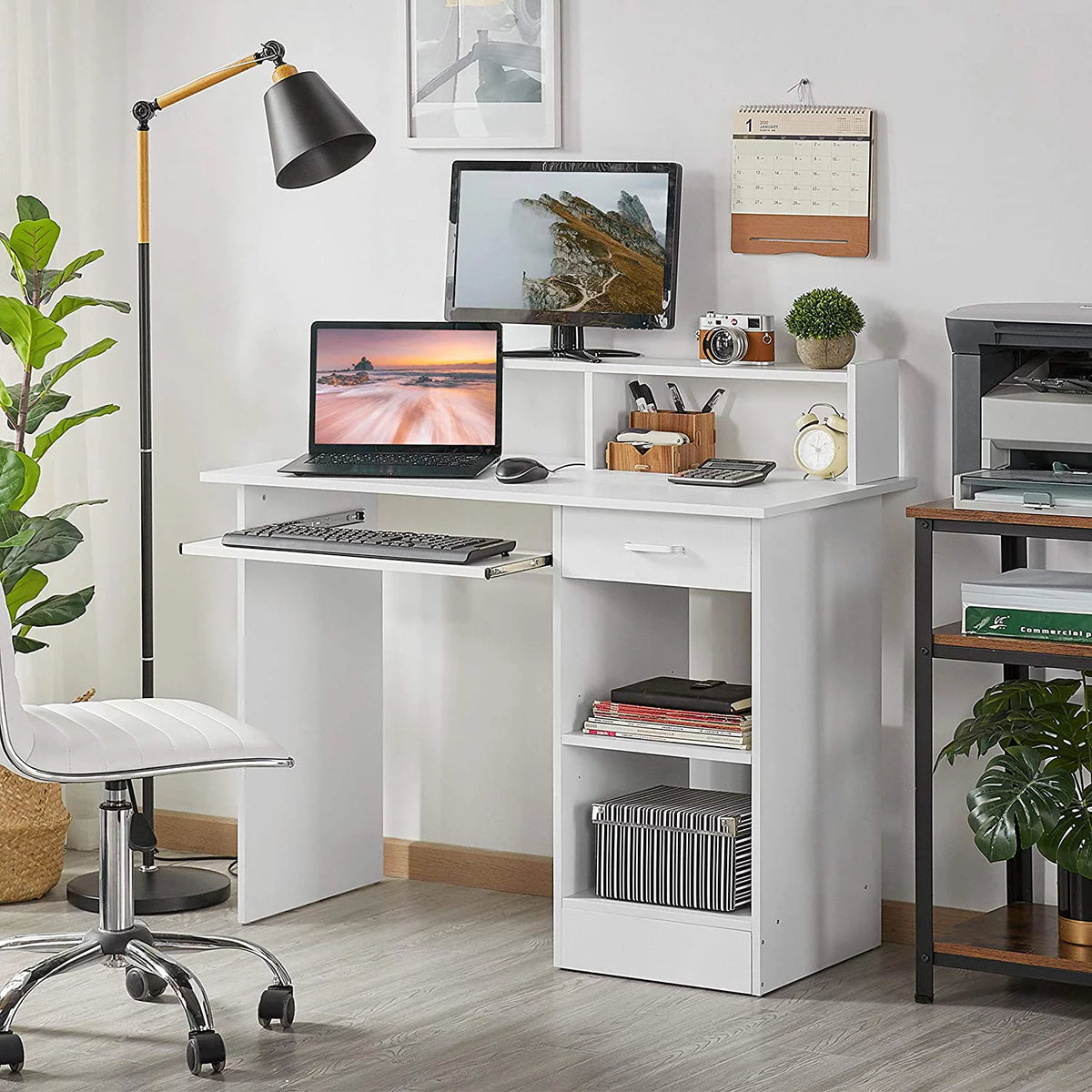 White Wood Computer Desk with Keyboard Tray and Drawers G400