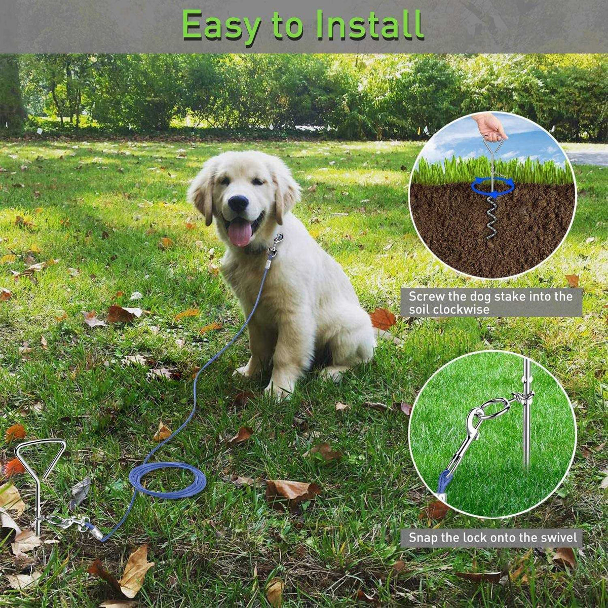 Dog Tie Out Cable and Anti Rust Spiral Stake, 30ft Leash Z396301