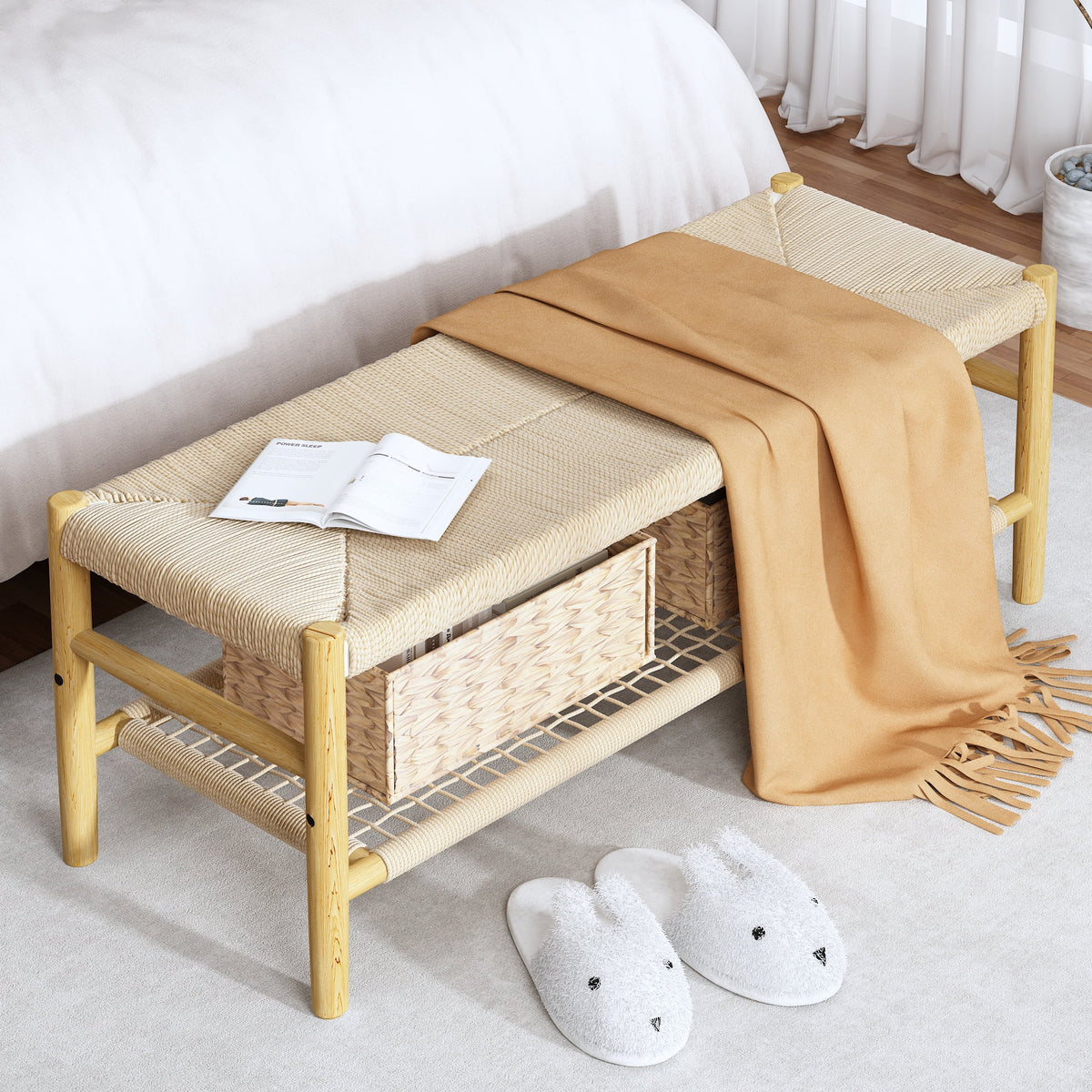 39 inch Rattan Storage Bench with 2 Baskets I701