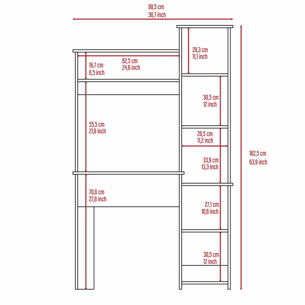 6-Shelf White Writing Desk with Bookcase W8708