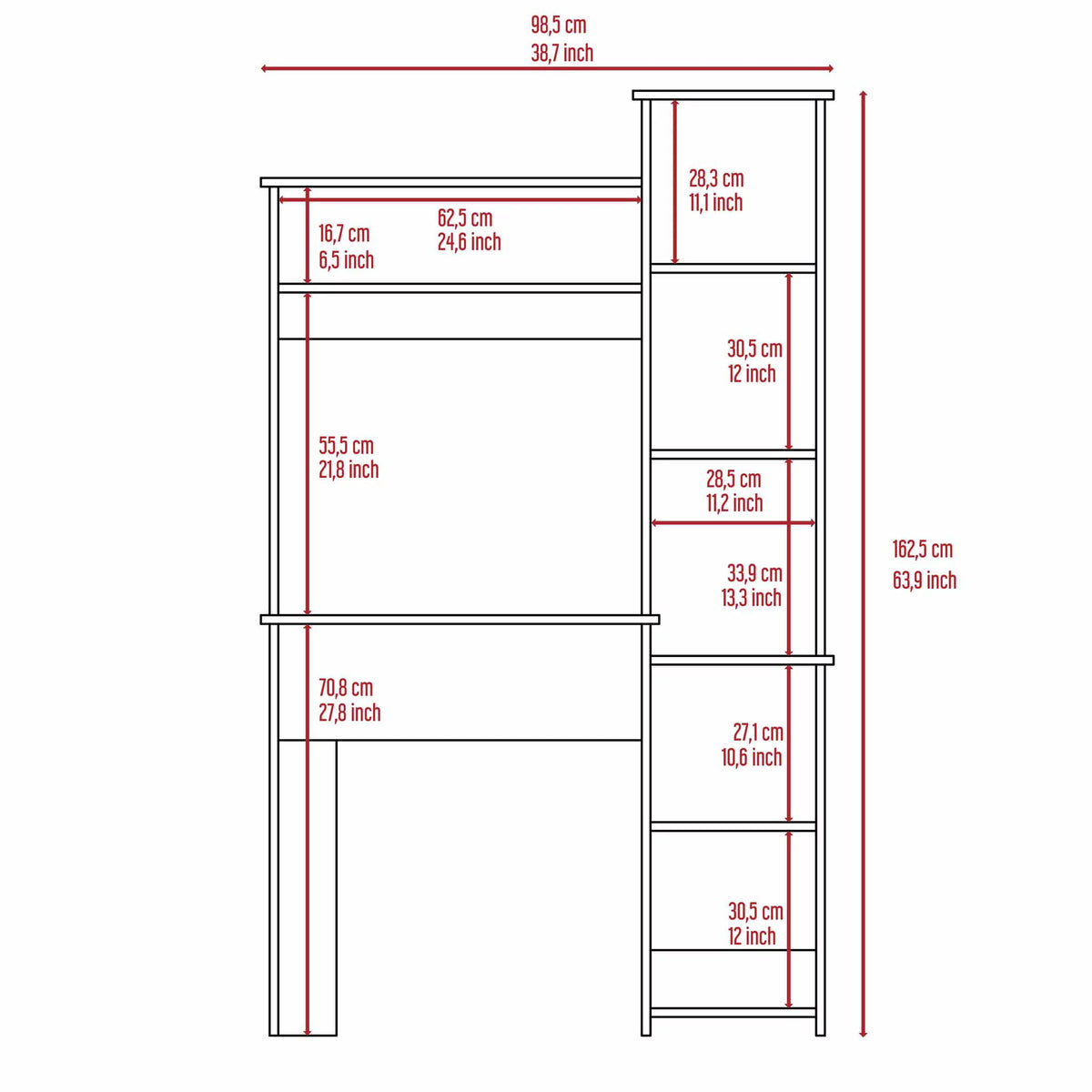 6-Shelf White Writing Desk with Bookcase W8708