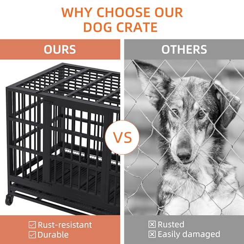 48 inch Heavy Duty Dog Crate with Lockable Wheels, Double Door, Removable Tray, Black A524