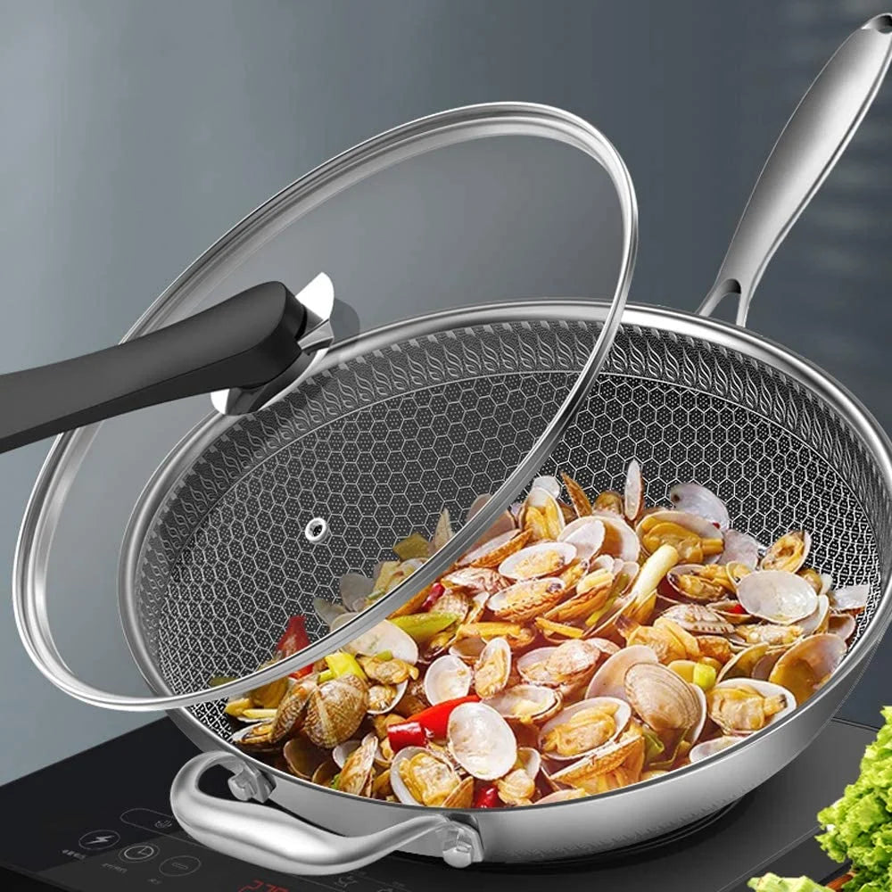 Stainless Steel Non Stick Honeycomb Frying Pan with Glass Lid X26649