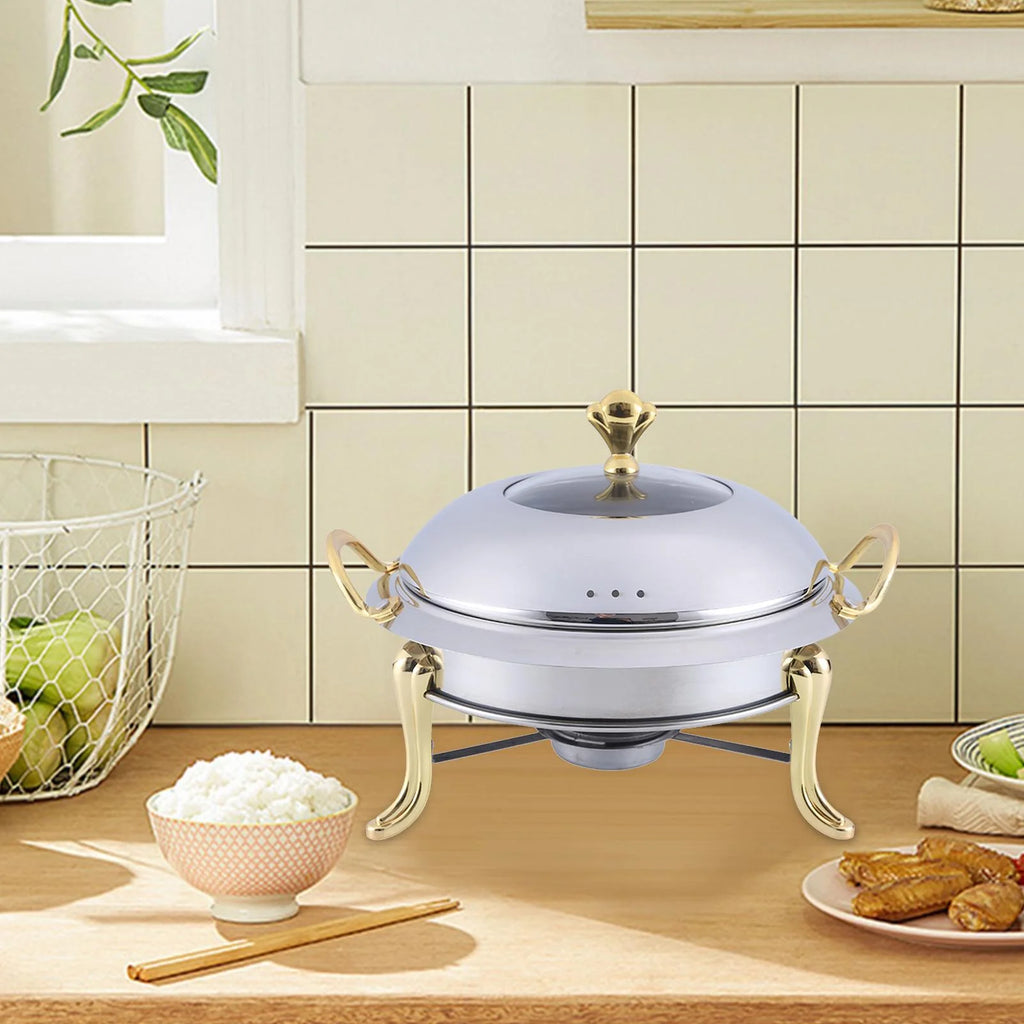Stainless Steel Round Food Warmer with Glass Viewing Lid and Fuel Holder V5726