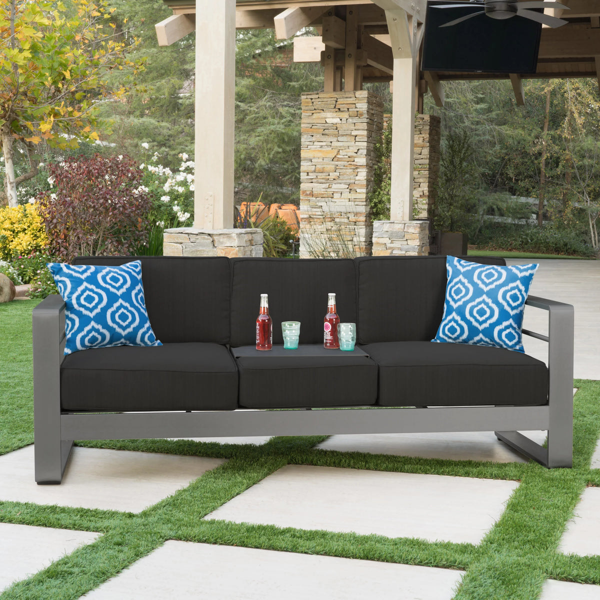 3 Seater Aluminum Loveseat Sofa with Tray X26147